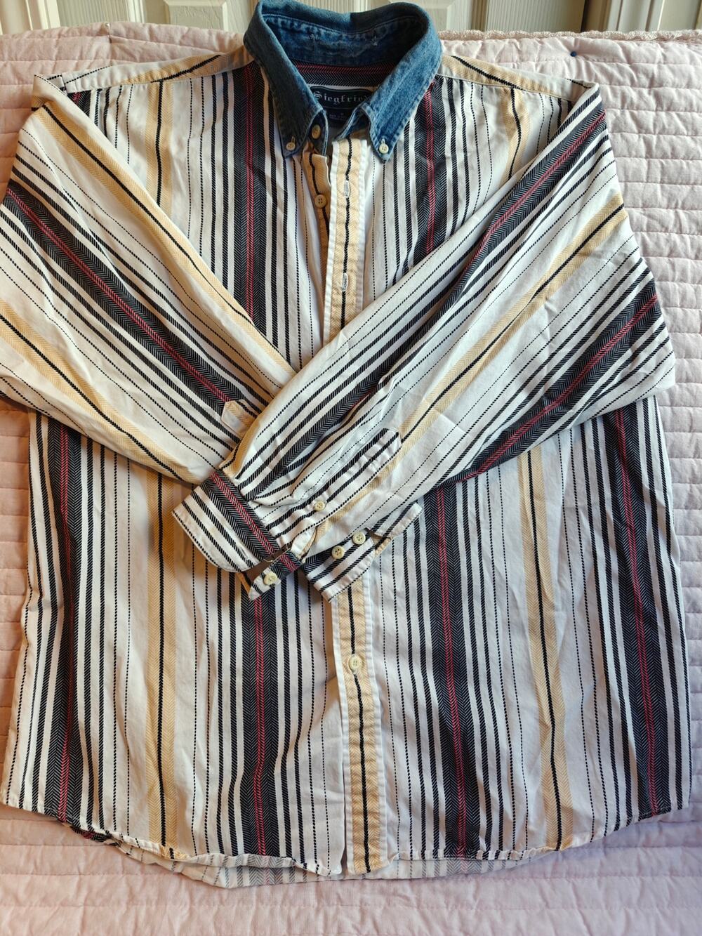 Vintage 90s Siegfried Striped Cotton Shirt Medium Denim Collar Button Down